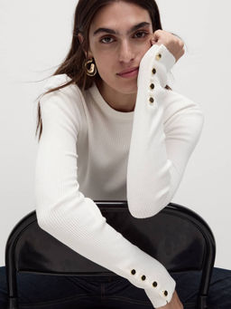 Marks & Spencer - White Ribbed Crew Neck Button Detail Sweater