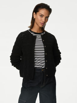 Marks & Spencer - Black Cotton Rich Self Design Pointelle Cardigan