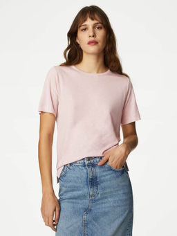 Marks & Spencer - Pink Linen Blend Crew Neck T-Shirt