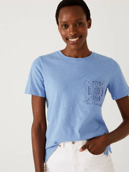 Marks & Spencer - Blue Pure Cotton Lace Pocket T-Shirt