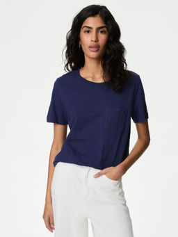 Marks & Spencer - Navy Blue Solid Pure Cotton T-Shirt