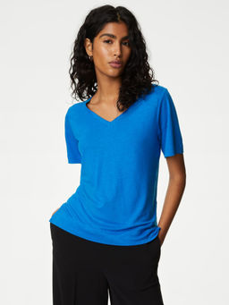 Marks & Spencer - Blue Linen Blend V-Neck T-Shirt