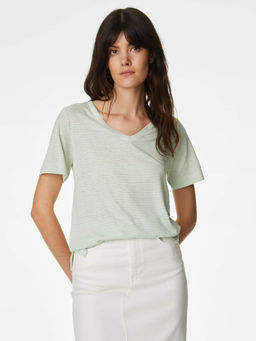 Marks & Spencer - Green Linen Blend Striped V-Neck T-Shirt