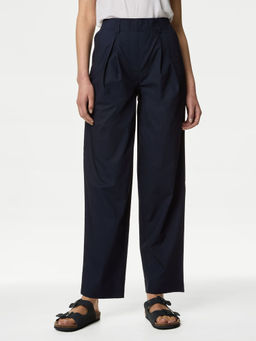 Marks & Spencer - Navy Blue Pure Cotton Pull On Straight Leg Trousers