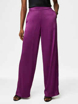 Marks & Spencer - Magenta Satin Elasticated Waist Wide Leg Trousers