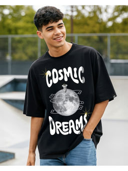 Bewakoof - Men's Jet Black Cosmic Dreams Graphic Printed Oversized T-shirt