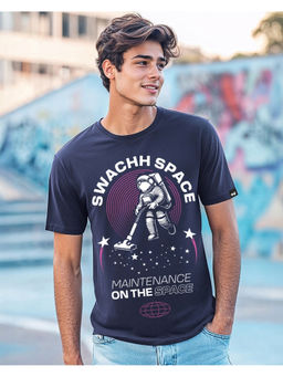 Bewakoof - Men's Navy Blue Swachh Space Graphic Printed T-shirt
