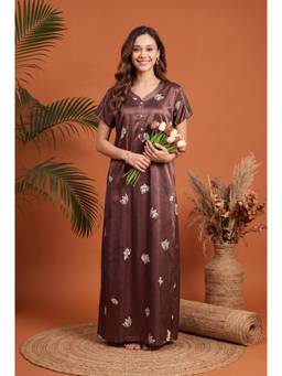 JULIANA DREAM - Womens Brown Floral Print Satin Net Short Sleeve Long Nightdress