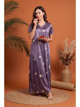 JULIANA DREAM - Womens Purple Floral Print Satin Short Sleeve Nightdress