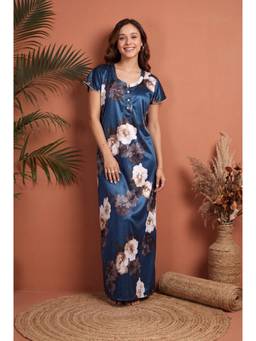 JULIANA DREAM - Womens Blue Floral Print Satin Short Sleeve Round Neck Nightdress