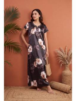 JULIANA DREAM - Womens Dark Brown Floral Print Satin Short Sleeve Long Nightdress