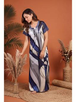 JULIANA DREAM - Womens Navy Blue Geometric Print Satin Long Nightdress