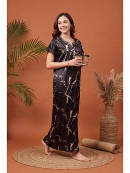 JULIANA DREAM - Womens Black Marble Print Satin Lace Sleeve Long Nightdress