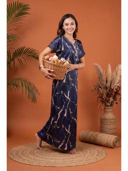 JULIANA DREAM - Womens Navy Blue Marble Print Satin Long Nightdress
