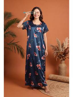 JULIANA DREAM - Womens Navy Blue Floral Print Satin Long Nightdress