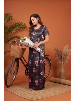 JULIANA DREAM - Womens Charcoal Grey Floral Print Satin Long Nightdress