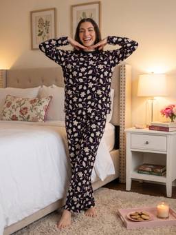 Sweet Dreams - Womens Floral Printed Full Sleeve Nightsuit