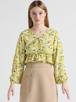 ONLY - Yellow Floral Printed Peplum Cropped Top