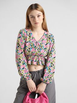 ONLY - Pink Floral Printed Peplum Cropped Top