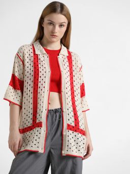 ONLY - Beige And Red Pointelle Knit Cardigan