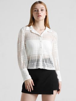 ONLY - White Self Design Lace Full Sleeves Shirt