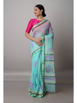 Unnati Silks - Turquoise Blue Pure Block Printed Kota Cotton Saree with Unstitched Blouse