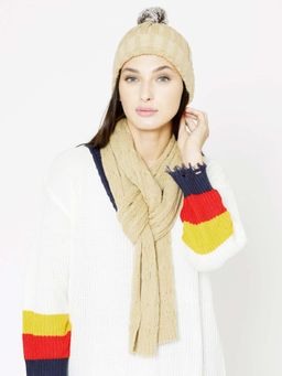 Bharatasya - Beige Ultra Soft Ribbed Pom-Pom Winter Cap and Muffler (Set of 2)