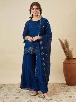 MOKOSH - Teal Embroidered Silk Kurta with Palazzo and Dupatta