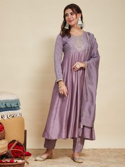 MOKOSH - Dark Purple Embroidered Silk Anarkali Kurta with Pant and Dupatta