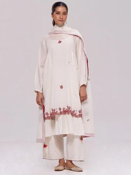 Ganga Fashions - Ivory and Maroon Pure Cotton Kurta Pant with Dupatta and Slip