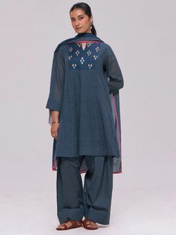 Ganga Fashions - Deep Blue Printed Kurta with Salwar and Dupatta