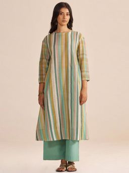 Ganga Fashions - Shades Of Teal and Green Stripe Cotton-Linen Kurta with Pant