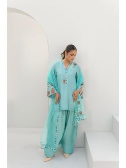 Khushboo & Pankaj - Aqua Blue Embroidered Cotton Kurta Farshi Kurta with Salwar and Dupatta