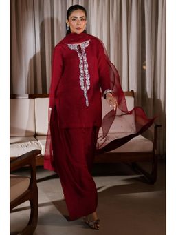 Khushboo & Pankaj - Maroon Embroidered Gajji Silk Farshi Kurta with Salwar and Dupatta