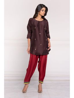 Khushboo & Pankaj - Wine Solid Gajji Silk Kurta with Salwar