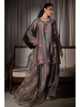 Khushboo & Pankaj - Grey Embroidered Gajji Silk Farshi Kurta with Salwar and Dupatta