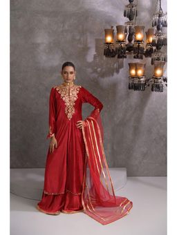 Khushboo & Pankaj - Red Embroidered Comfort Fit Kurta with Palazzo and Dupatta