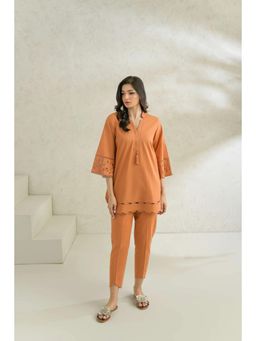 Khushboo & Pankaj - Rust Solid Three-Quarter Sleeve Co-Ord Set