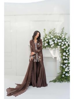 Khushboo & Pankaj - Brown Silk Embroidered Kurta with Palazzo and Dupatta