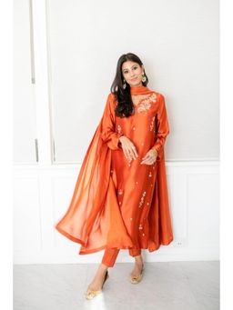 Khushboo & Pankaj - Orange Silk Embroidered Tulip Pants Kurta with Pant and Dupatta