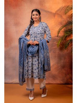 Juniper - Indigo Floral Printed Cotton Kurta with Pant with Dupatta