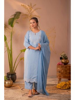 Juniper - Blue Embroidered Cotton Kurta with Pant with Dupatta