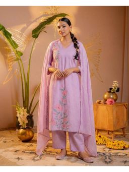 Juniper - Lavender Embroidered Cotton Kurta with Pant and Dupatta