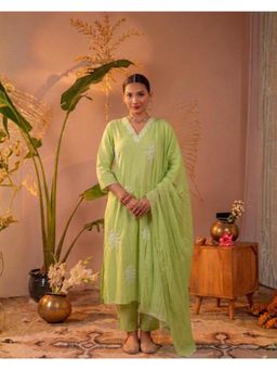 Juniper - Green Embroidered Cotton Kurta with Pant with Dupatta
