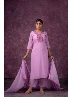 Juniper - Lavender Embroidered Cotton Kurta with Pant with Dupatta