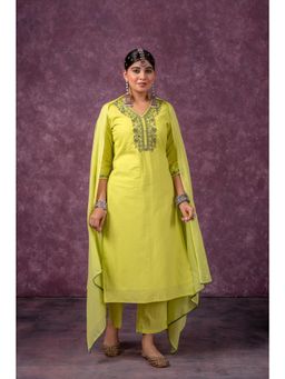 Juniper - Lime Embroidered Cotton Kurta with Pant with Dupatta