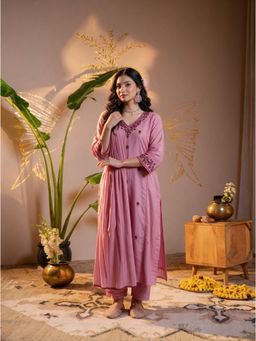 Juniper - Pink Embroidered Cotton Kurta with Pant with Dupatta