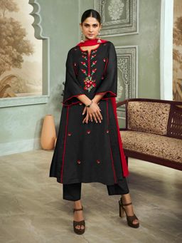 BHAMA COUTURE - Black Floral Embroidery Straight Kurta with Pant and Dupatta