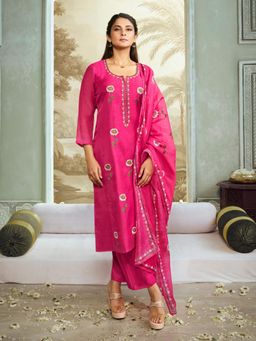 BHAMA COUTURE - Pink Floral Embroidery Straight Kurta with Pant and Dupatta