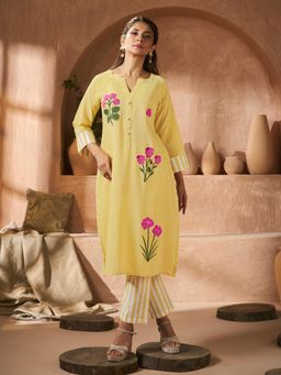 BHAMA COUTURE - Yellow Floral Embroidery Straight Kurta with Pant.
